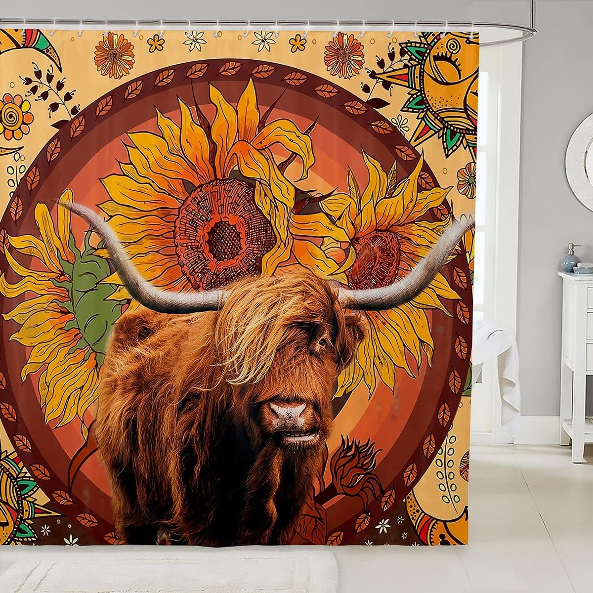 Yellow Sunflower Highland Cattle Boho Sun Moon Shower Curtain for Kids Boys Girls Room Decor