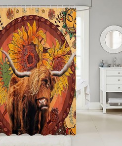 Yellow Sunflower Highland Cattle Boho Sun Moon Shower Curtain for Kids Boys Girls Room Decor
