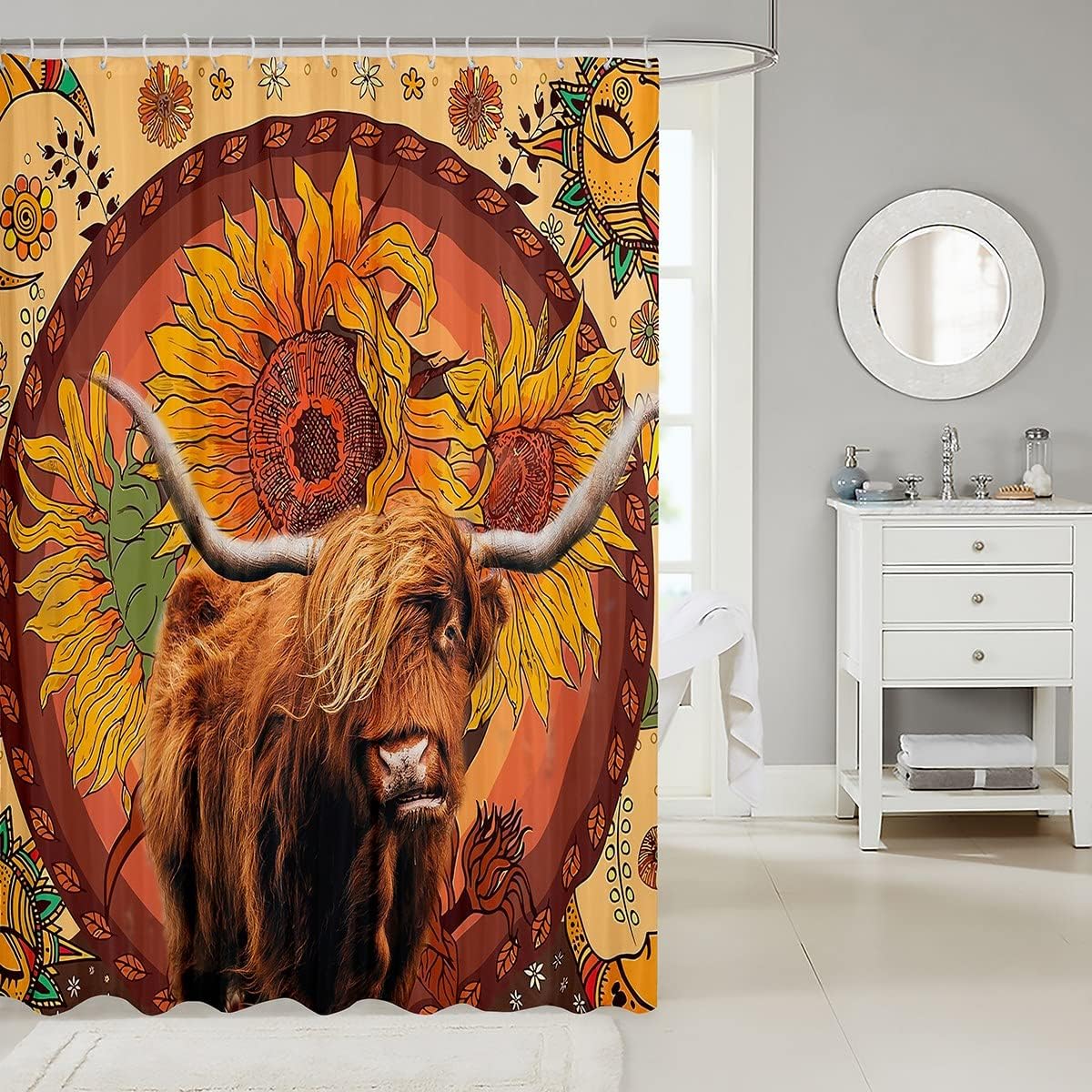 Yellow Sunflower Highland Cattle Boho Sun Moon Shower Curtain for Kids Boys Girls Room Decor