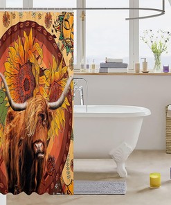 Yellow Sunflower Highland Cattle Boho Sun Moon Shower Curtain for Kids Boys Girls Room Decor