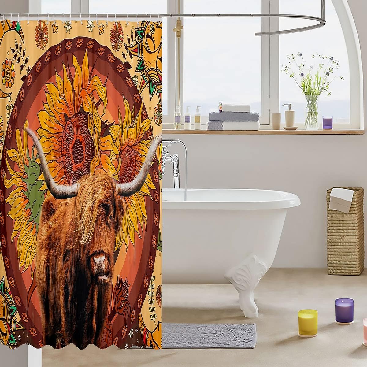 Yellow Sunflower Highland Cattle Boho Sun Moon Shower Curtain for Kids Boys Girls Room Decor