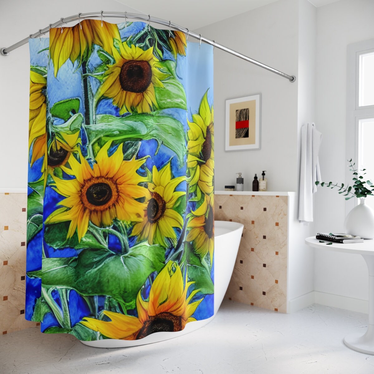 Yellow Sunflower Shower Curtain, Floral Bathroom Decor for Spring