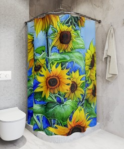 Yellow Sunflower Shower Curtain, Floral Bathroom Decor for Spring