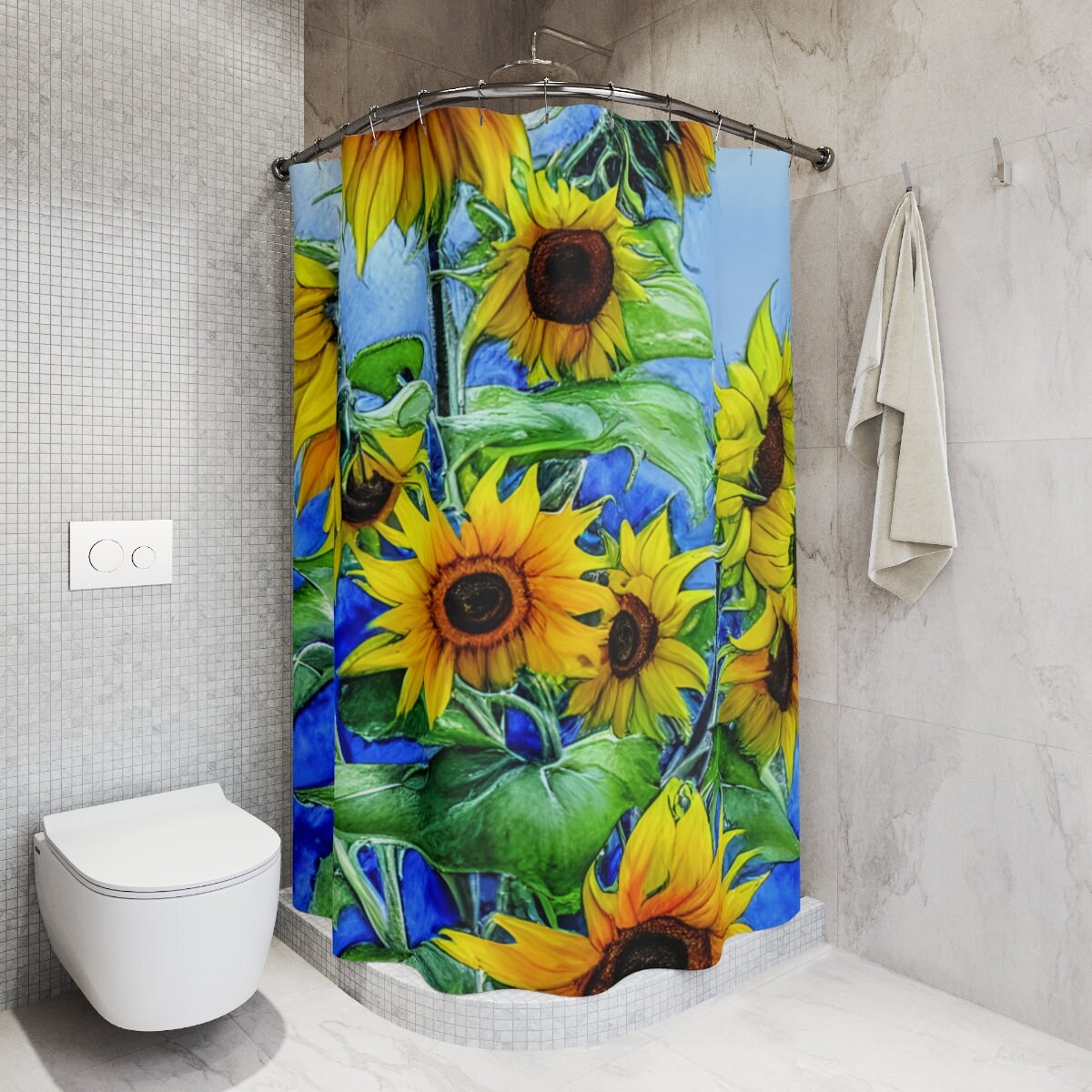 Yellow Sunflower Shower Curtain, Floral Bathroom Decor for Spring