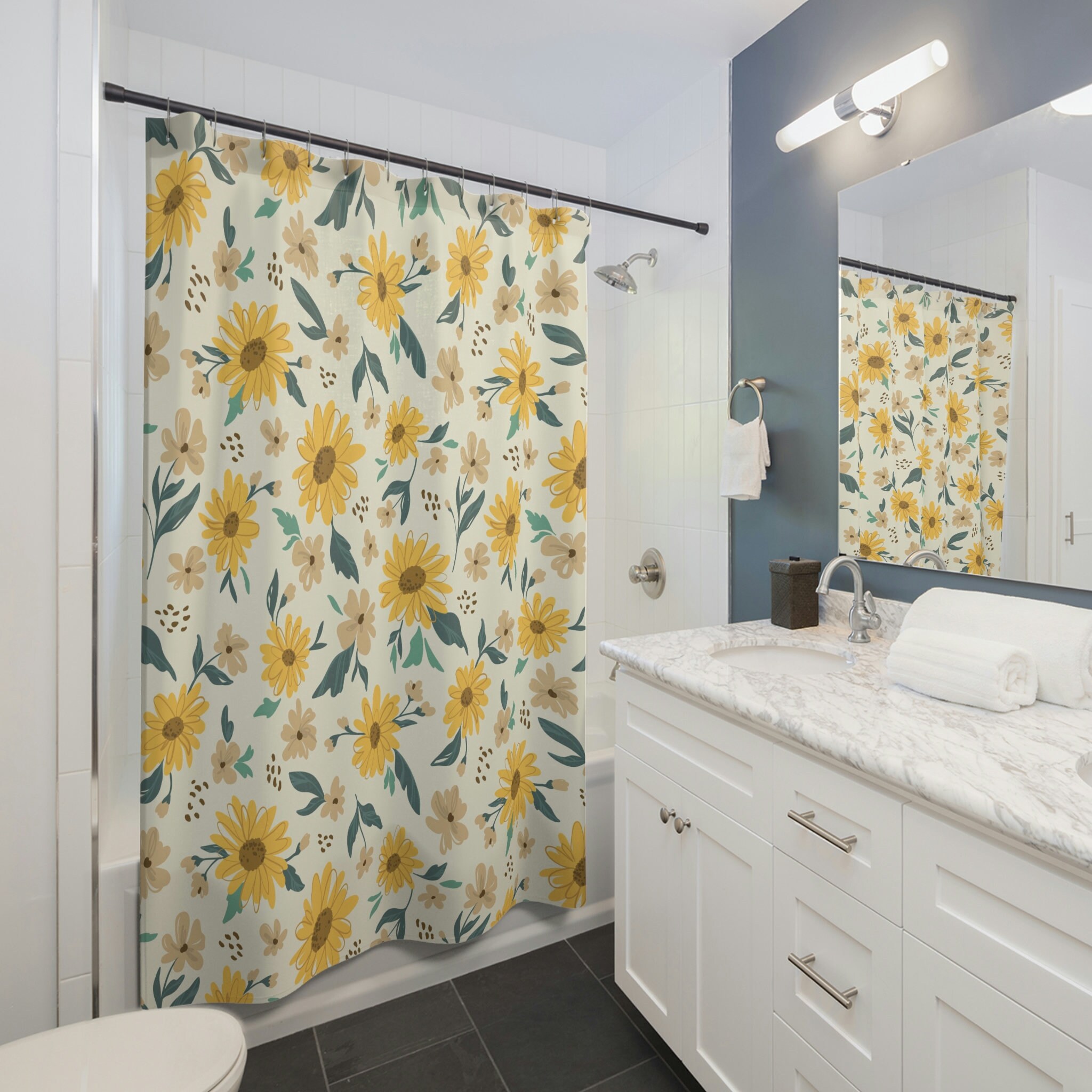 Yellow Sunflower and Daisy Shower Curtain with Matching Curtains for a Charming Bathroom