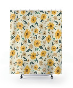 Yellow Sunflower and Daisy Shower Curtain with Matching Curtains for a Charming Bathroom