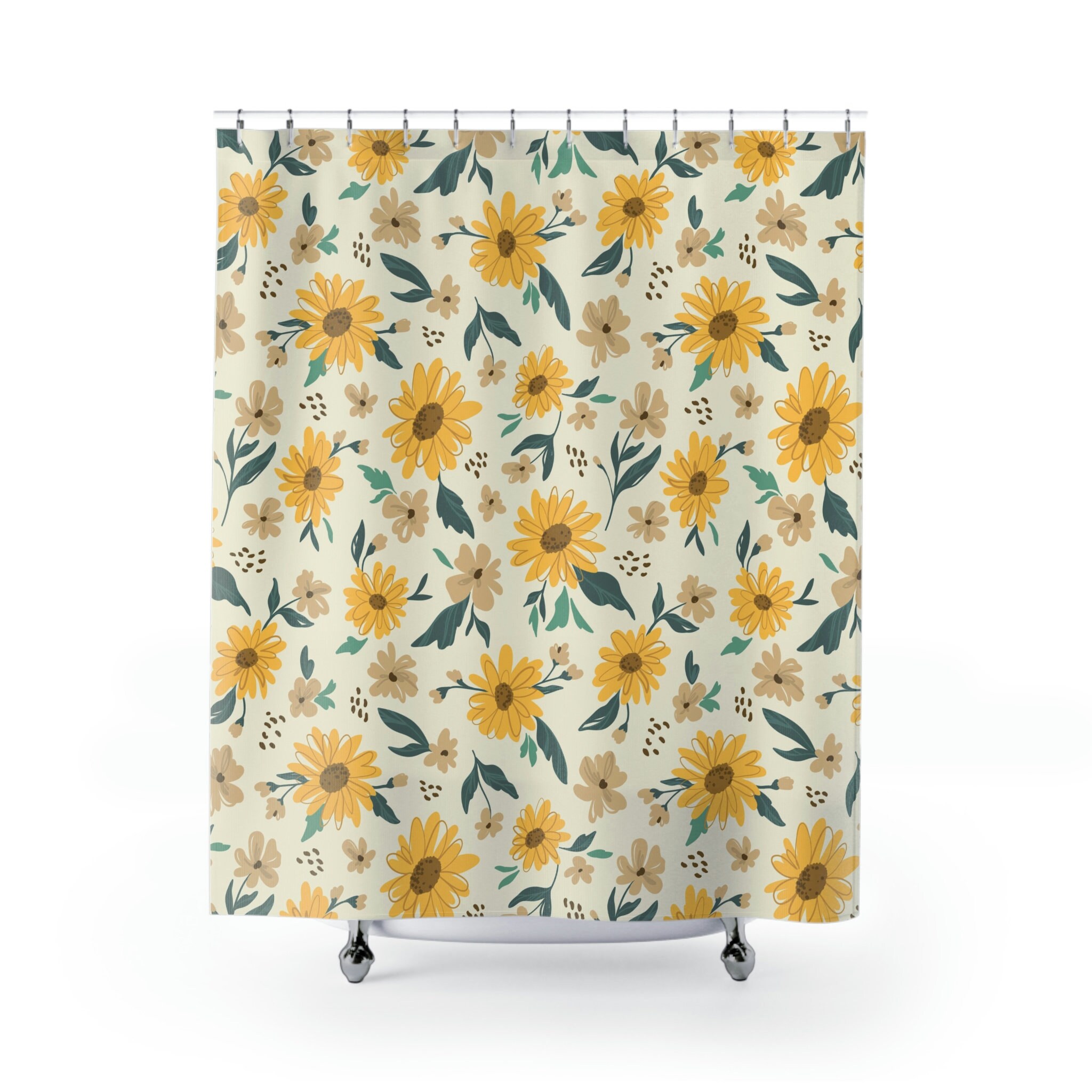 Yellow Sunflower and Daisy Shower Curtain with Matching Curtains for a Charming Bathroom
