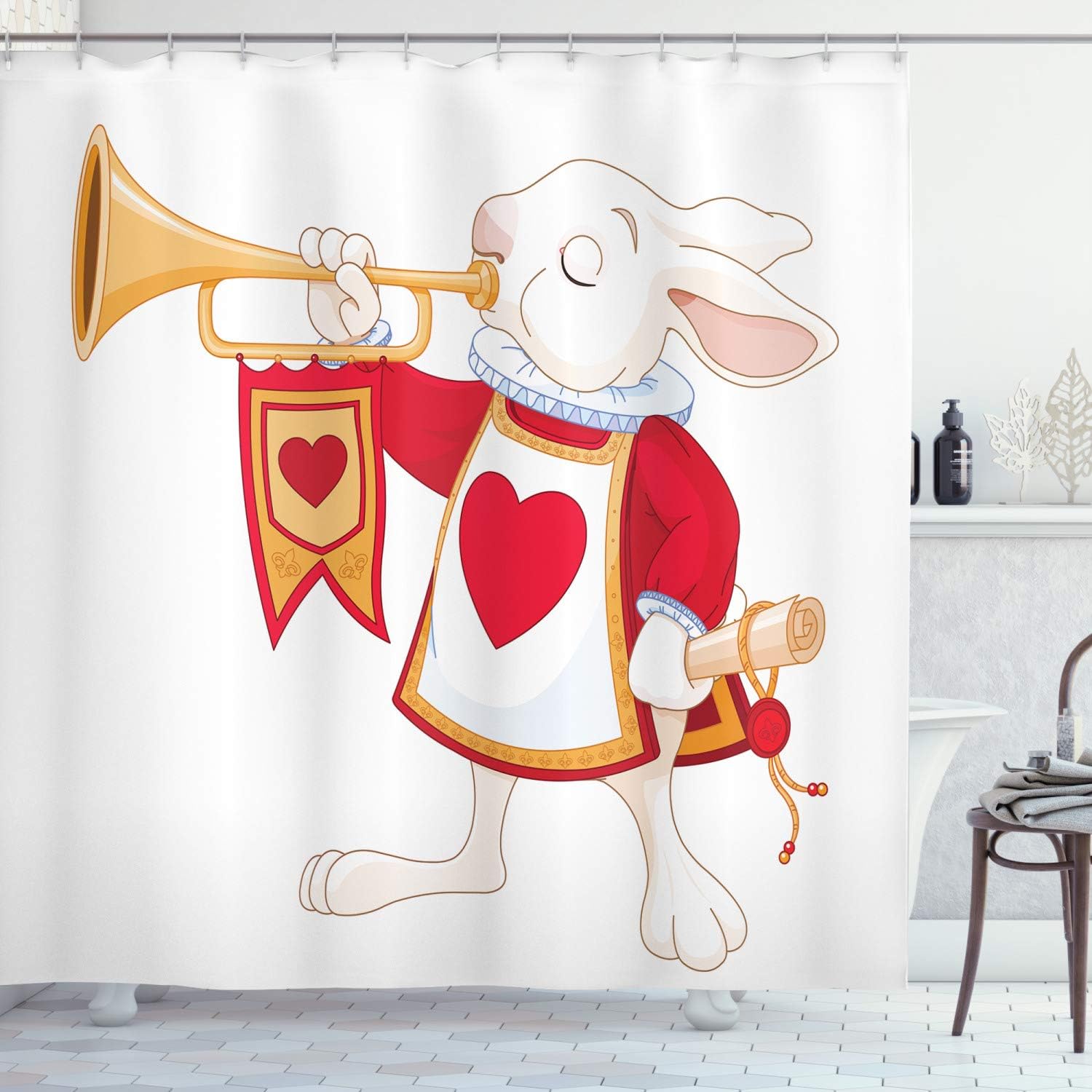 Yellow White Red Rabbit Playing Royal Trumpet Heart Design Animal Shower Curtain