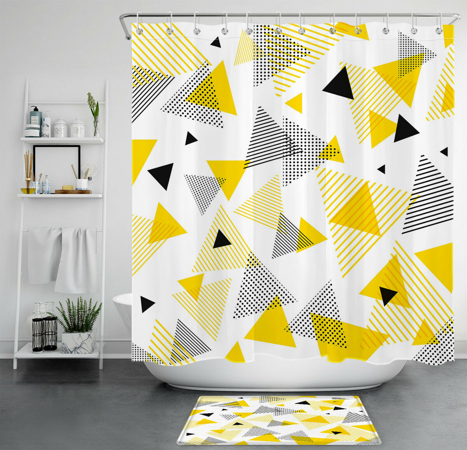 Yellow and Black Geometric Pattern Shower Curtain with Bold Design for Modern Bathroom