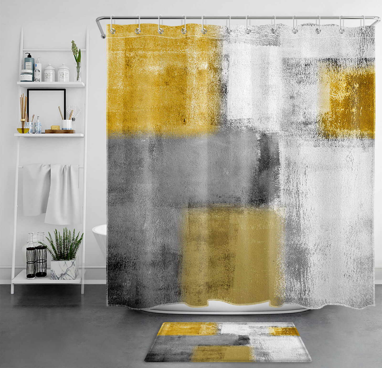 Yellow and Gray Geometric Pattern Shower Curtain for Minimalist Bathroom Dcor