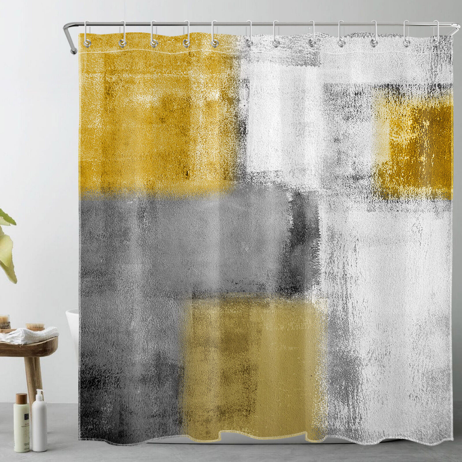 Yellow and Gray Geometric Pattern Shower Curtain for Minimalist Bathroom Dcor