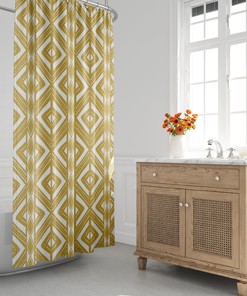 Yellow and White Boho Mud Cloth Shower Curtain with Abstract Tribal Design for Bohemian Bathroom    