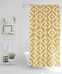 Yellow and White Boho Mud Cloth Shower Curtain with Abstract Tribal Design for Bohemian Bathroom