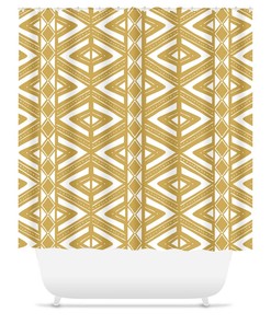Yellow and White Boho Mud Cloth Shower Curtain with Abstract Tribal Design for Bohemian Bathroom    