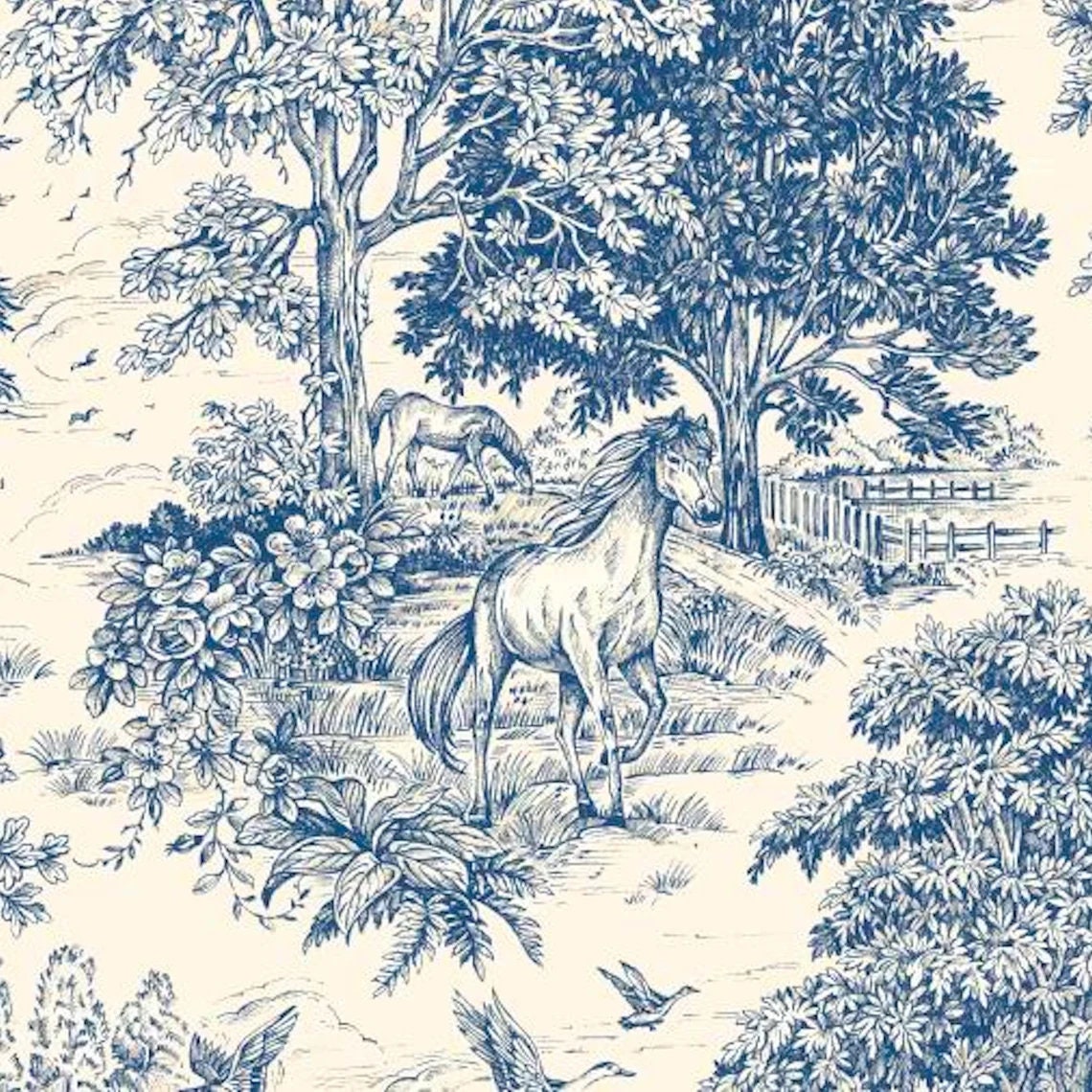Yellowstone Bluebell Country Toile - Horses Deer Dogs Animal Shower Curtain