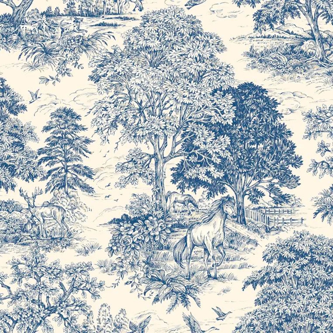 Yellowstone Bluebell Country Toile - Horses Deer Dogs Animal Shower Curtain