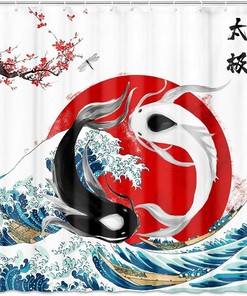 Yin Yang Artistic Sea Waves Fabric Shower Curtain for Soothing Bathroom Decor