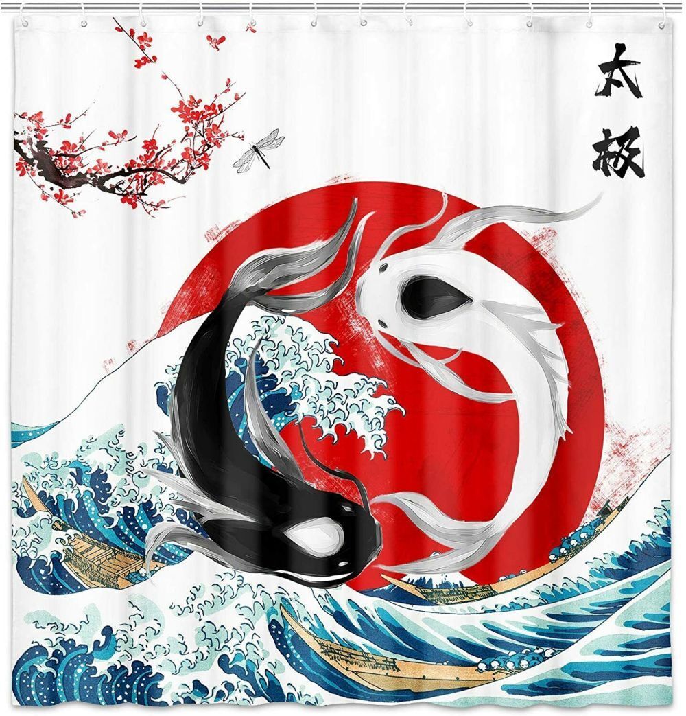 Yin Yang Artistic Sea Waves Fabric Shower Curtain for Soothing Bathroom Decor