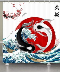 Yin Yang Artistic Sea Waves Fabric Shower Curtain for Soothing Bathroom Decor