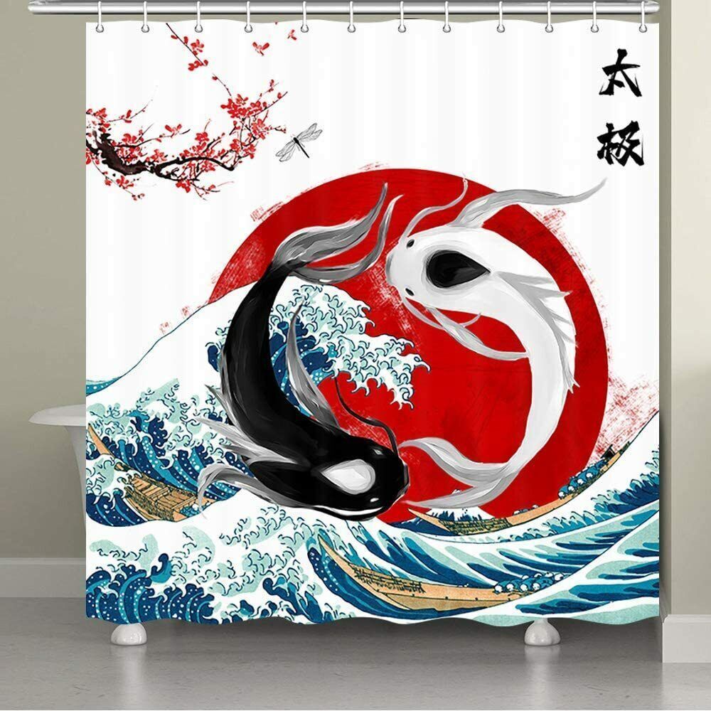 Yin Yang Artistic Sea Waves Fabric Shower Curtain for Soothing Bathroom Decor