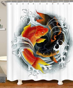 Yin Yang Bath Curtain with Koi Fish Design, Chinese Ink Art Shower Curtain for Nature Lovers