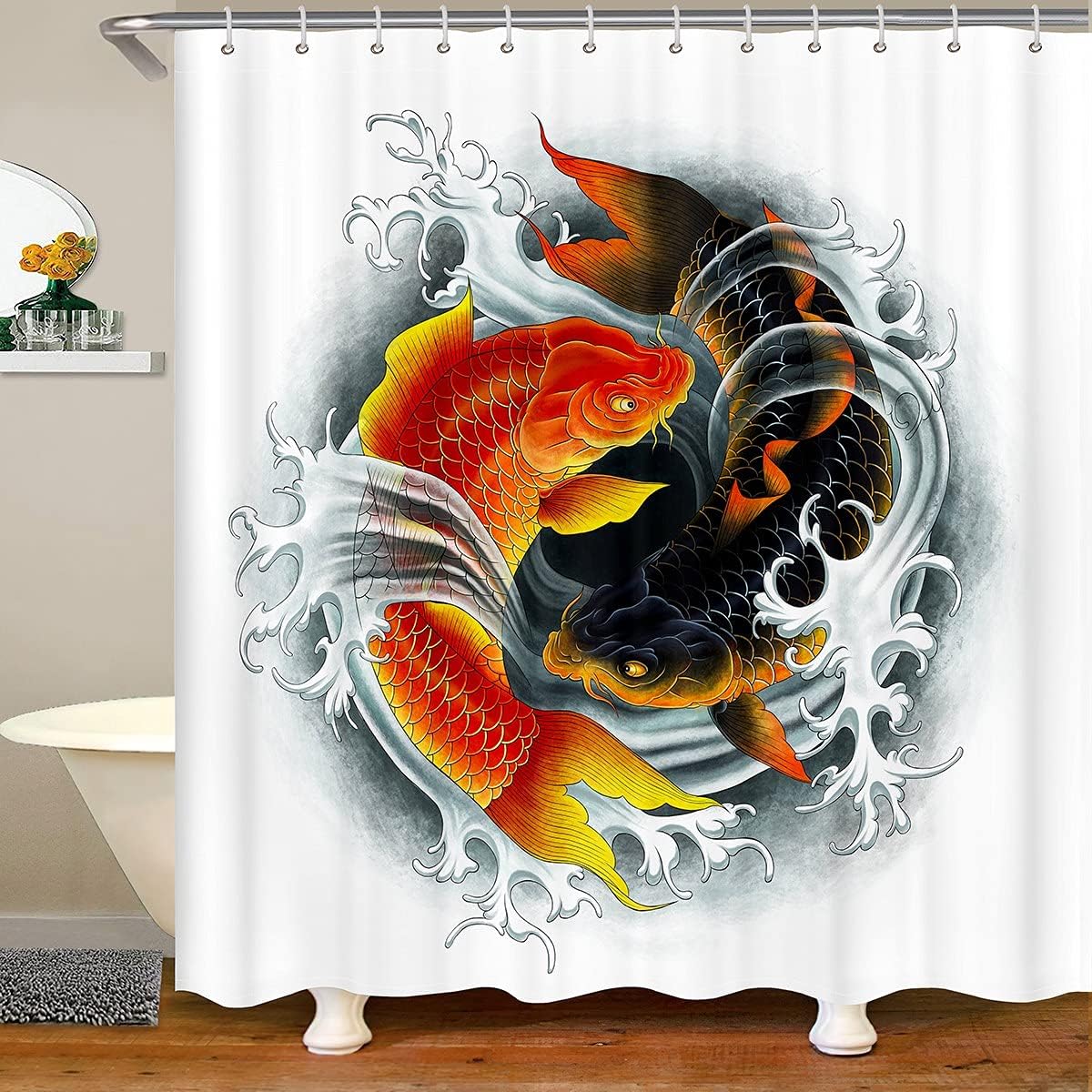 Yin Yang Bath Curtain with Koi Fish Design, Chinese Ink Art Shower Curtain for Nature Lovers