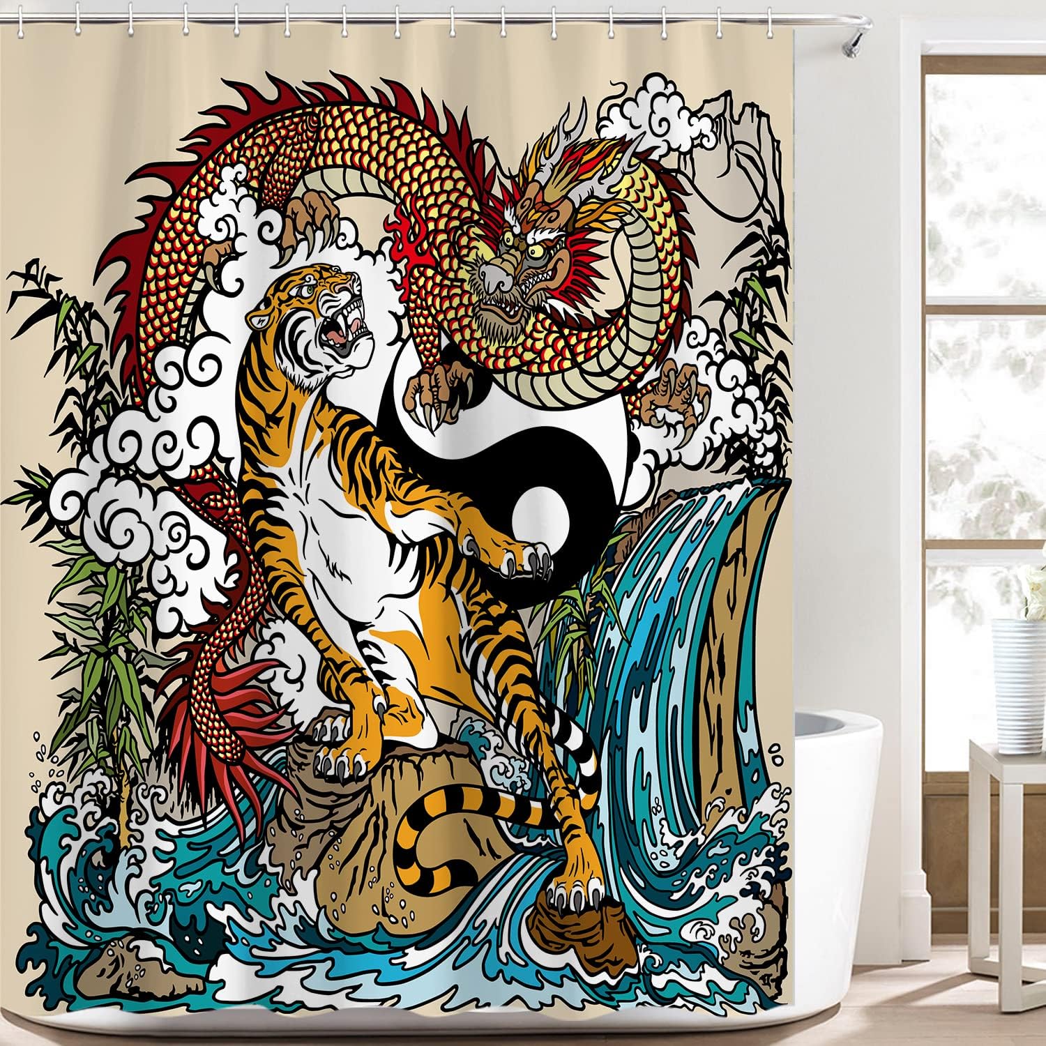 Yin Yang Chinese Dragon And Tiger Shower Curtain For Bathroom - Image 2