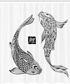 Yin Yang Koi Fish Carp Outline Print Shower Curtain, Cloth Fabric Bathroom Decor in Charcoal Grey and White 