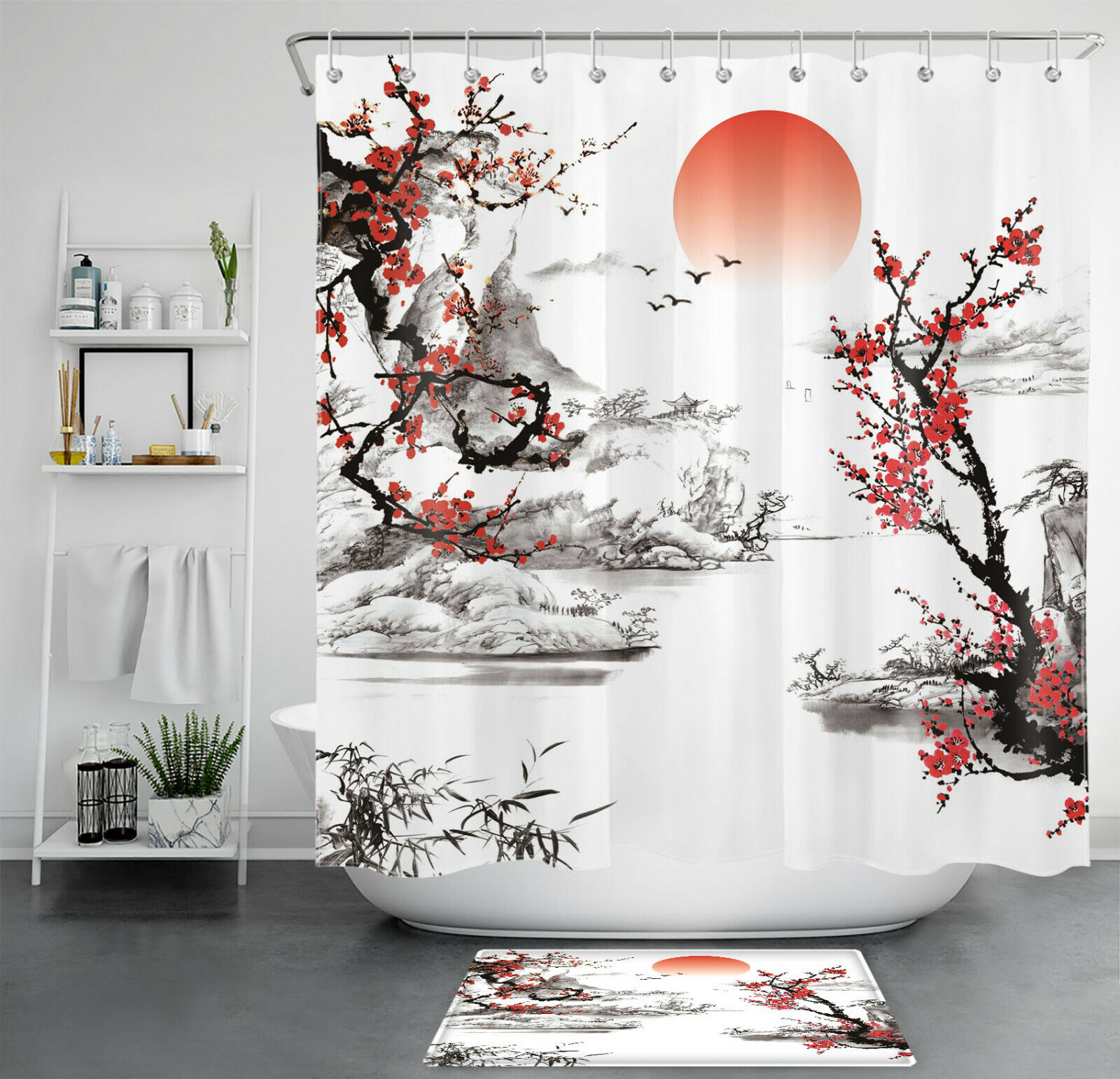 Yin Yang Koi Fish Japanese Shower Curtain with Bathtub Design and Waterproof Fabric for Bathroom Decor