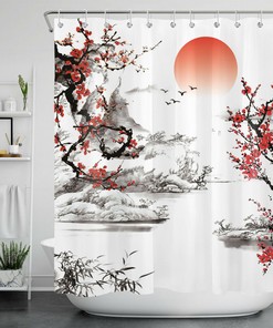 Yin Yang Koi Fish Japanese Shower Curtain with Bathtub Design and Waterproof Fabric for Bathroom Decor