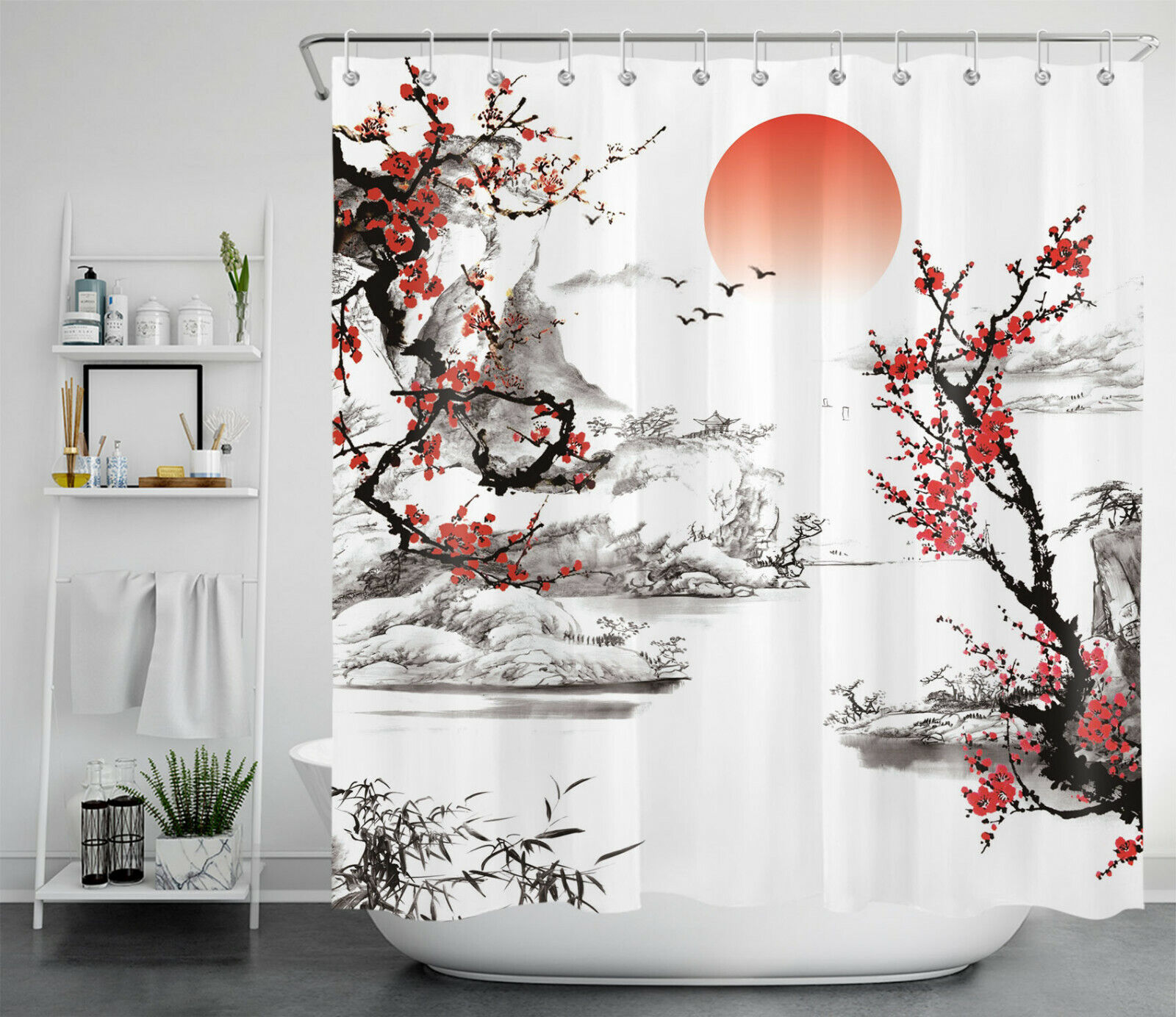 Yin Yang Koi Fish Japanese Shower Curtain with Bathtub Design and Waterproof Fabric for Bathroom Decor