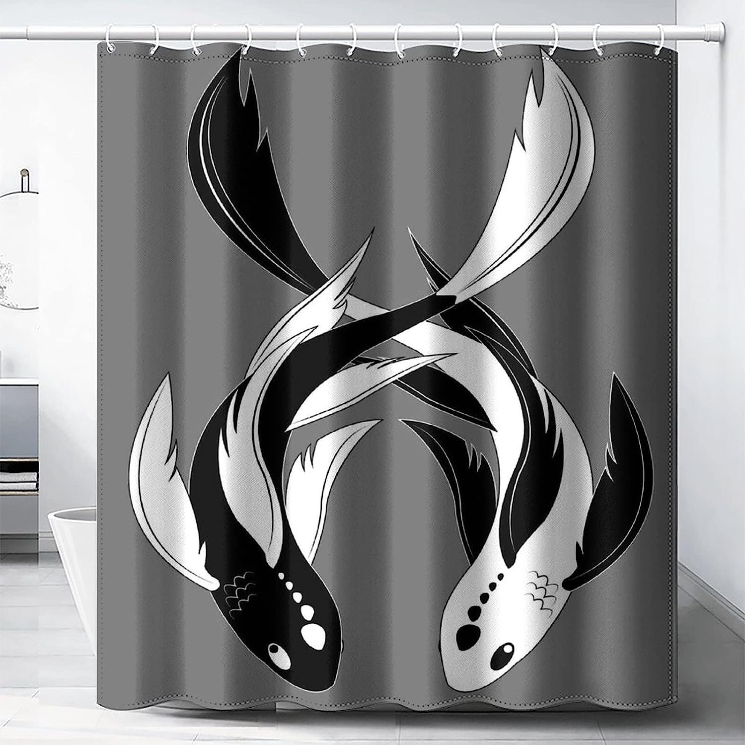 Yin Yang Koi Fish Shower Curtain With Deer Print, Perfect For Zen Themed Bathrooms