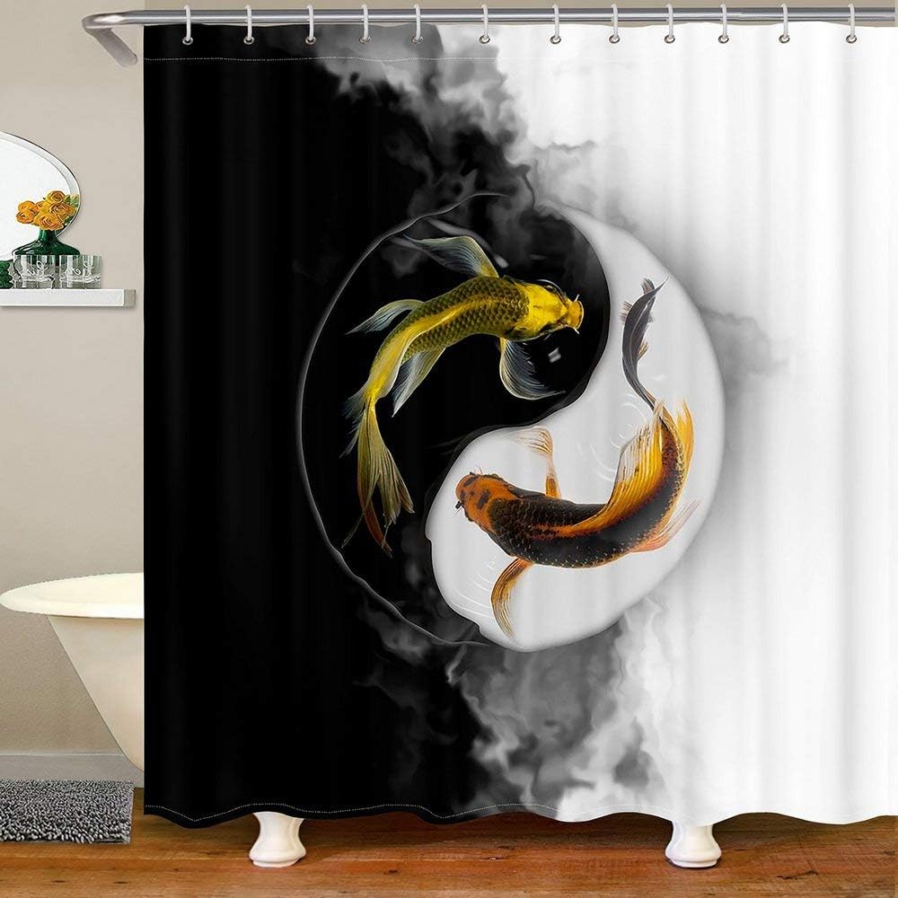 Yin Yang Pattern Koi Bathtub Shower Curtain for Kids, Adults, and Nature-Lovers Bathroom Decor