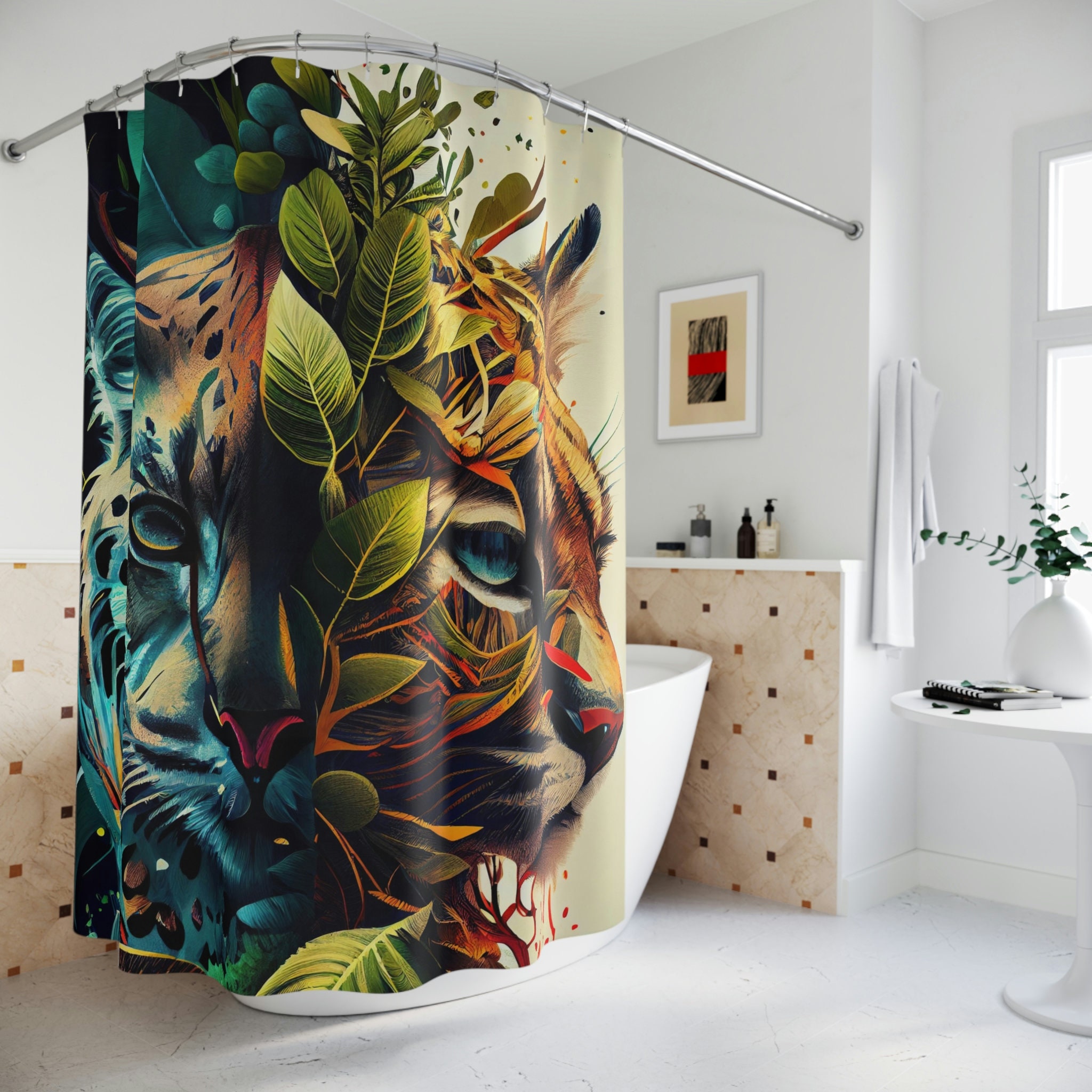 Yin Yang-Themed Wildcats Bathroom Decor with Beautiful Tigers Shower Curtain for Cat Lovers