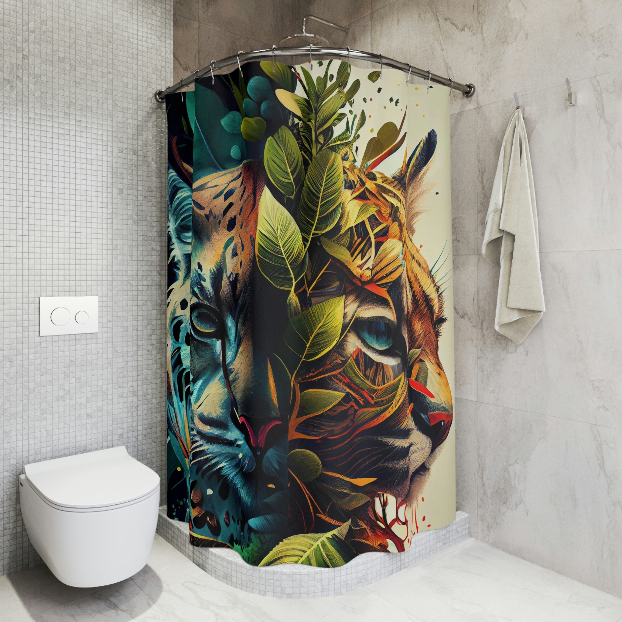 Yin Yang-Themed Wildcats Bathroom Decor with Beautiful Tigers Shower Curtain for Cat Lovers