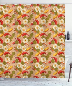 Yoga Koi Fish Shower Curtain - Cloth Fabric Bathroom Decor With Lotus Flowers