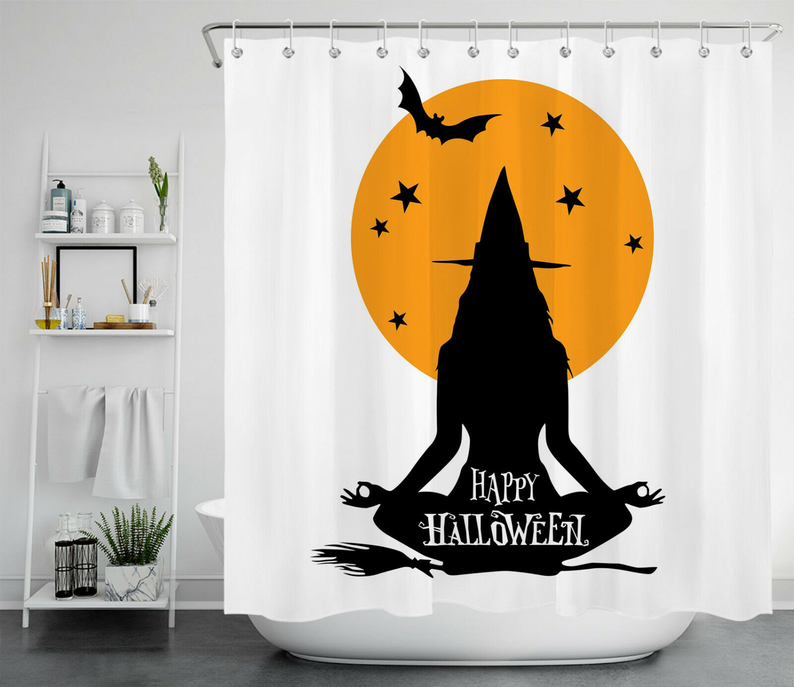 Yoga Meditation Witch Moon Bat For Happy Halloween Shower Curtain Accessory