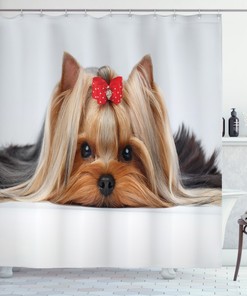 Yorkie Dog Ribbon Love Print Shower Curtain for Dog Lovers