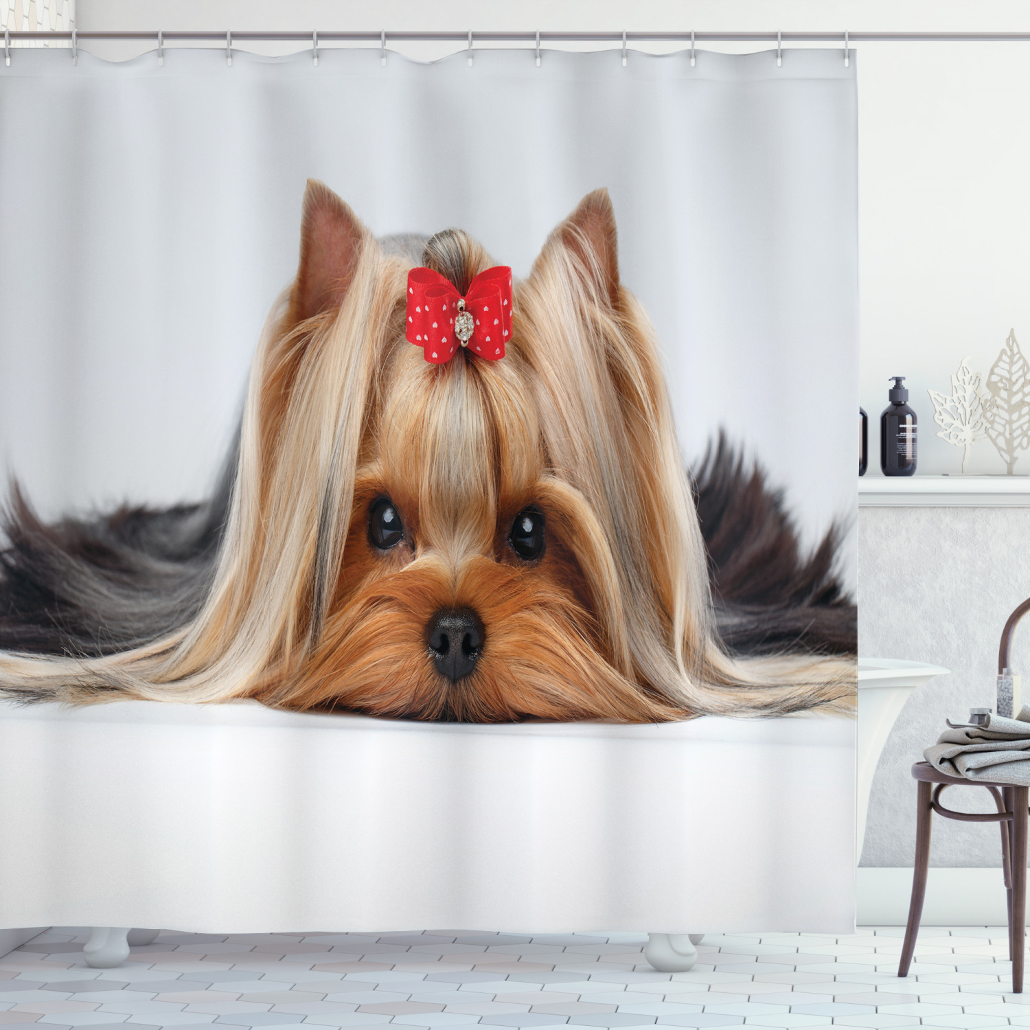 Yorkie Dog Ribbon Love Print Shower Curtain for Dog Lovers