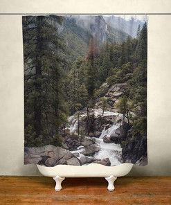 Yosemite View Waterfall Forest Shower Curtain for Rustic Bathroom