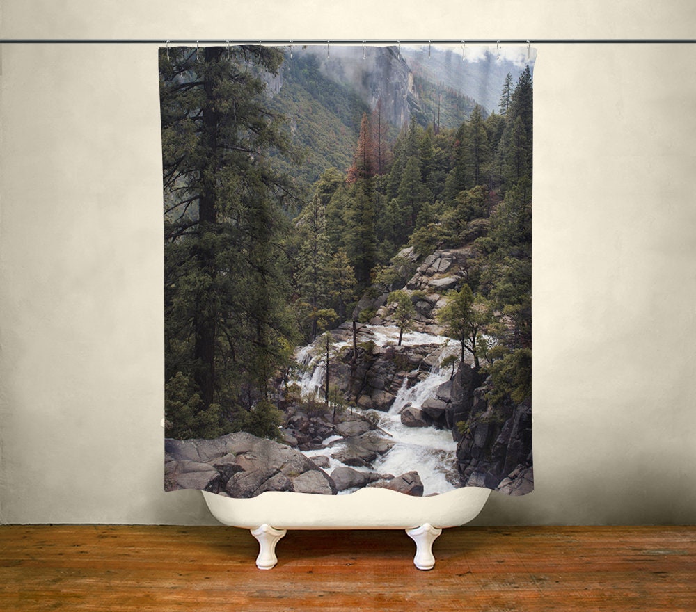 Yosemite View Waterfall Forest Shower Curtain for Rustic Bathroom