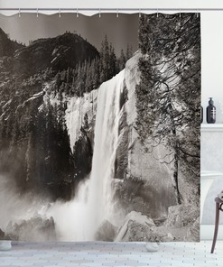 Yosemite Waterfalls Print Shower Curtain for a Breathtaking and Adventurous Bathroom Decor.