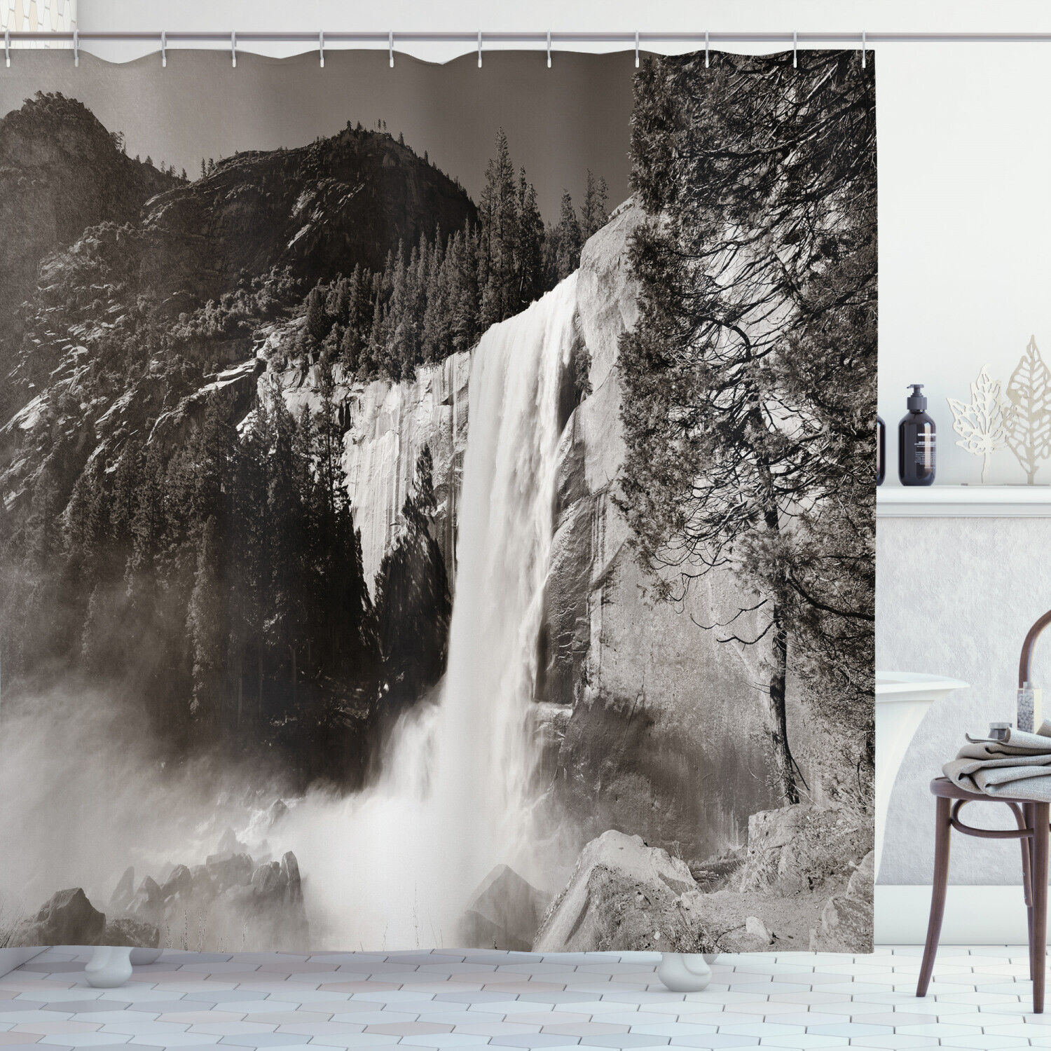 Yosemite Waterfalls Print Shower Curtain for a Breathtaking and Adventurous Bathroom Decor.