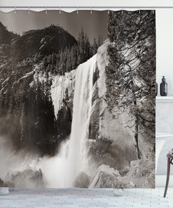 Yosemite Waterfalls Print Shower Curtain for a Breathtaking and Adventurous Bathroom Decor.