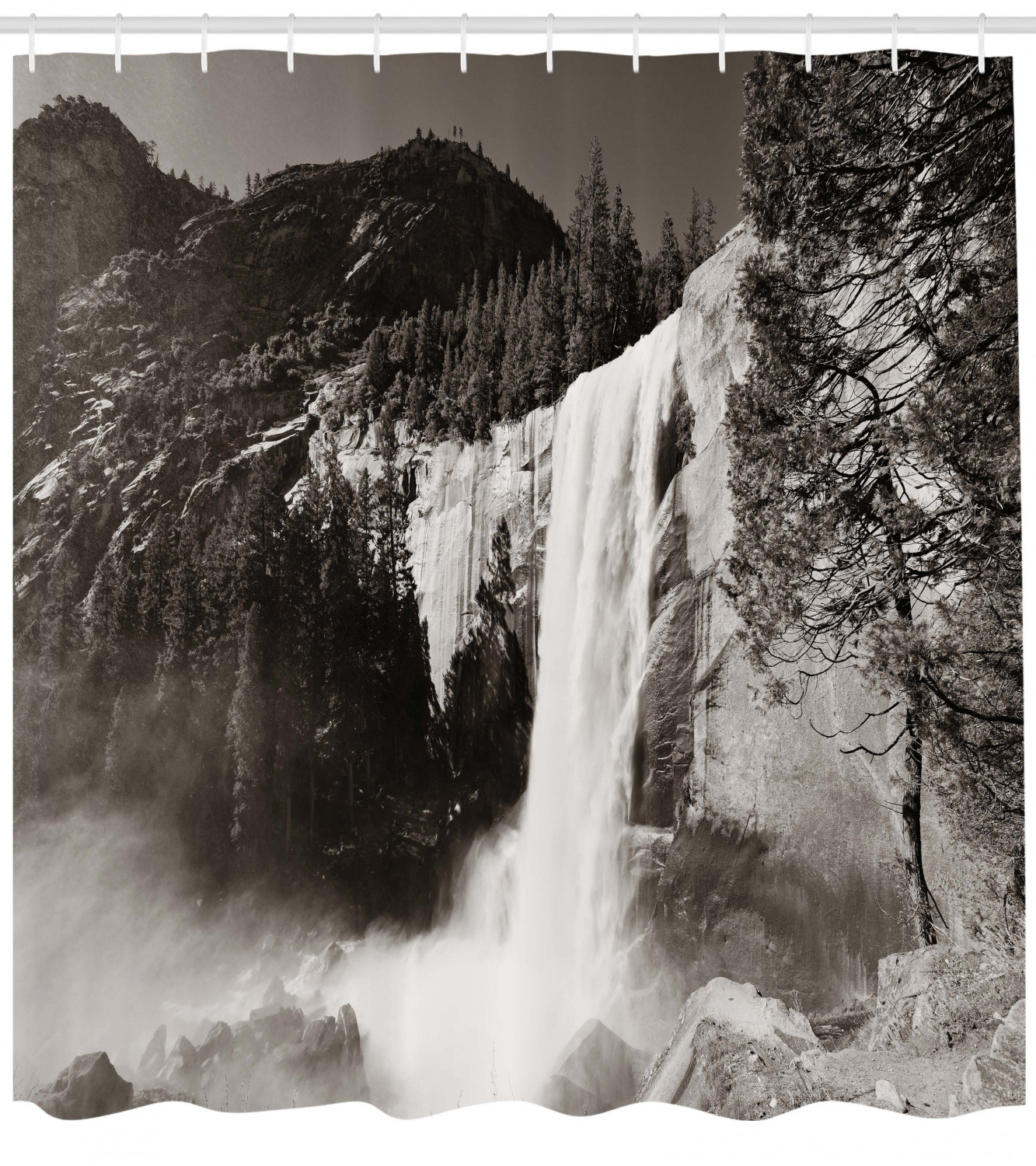 Yosemite Waterfalls Print Shower Curtain for a Breathtaking and Adventurous Bathroom Decor.