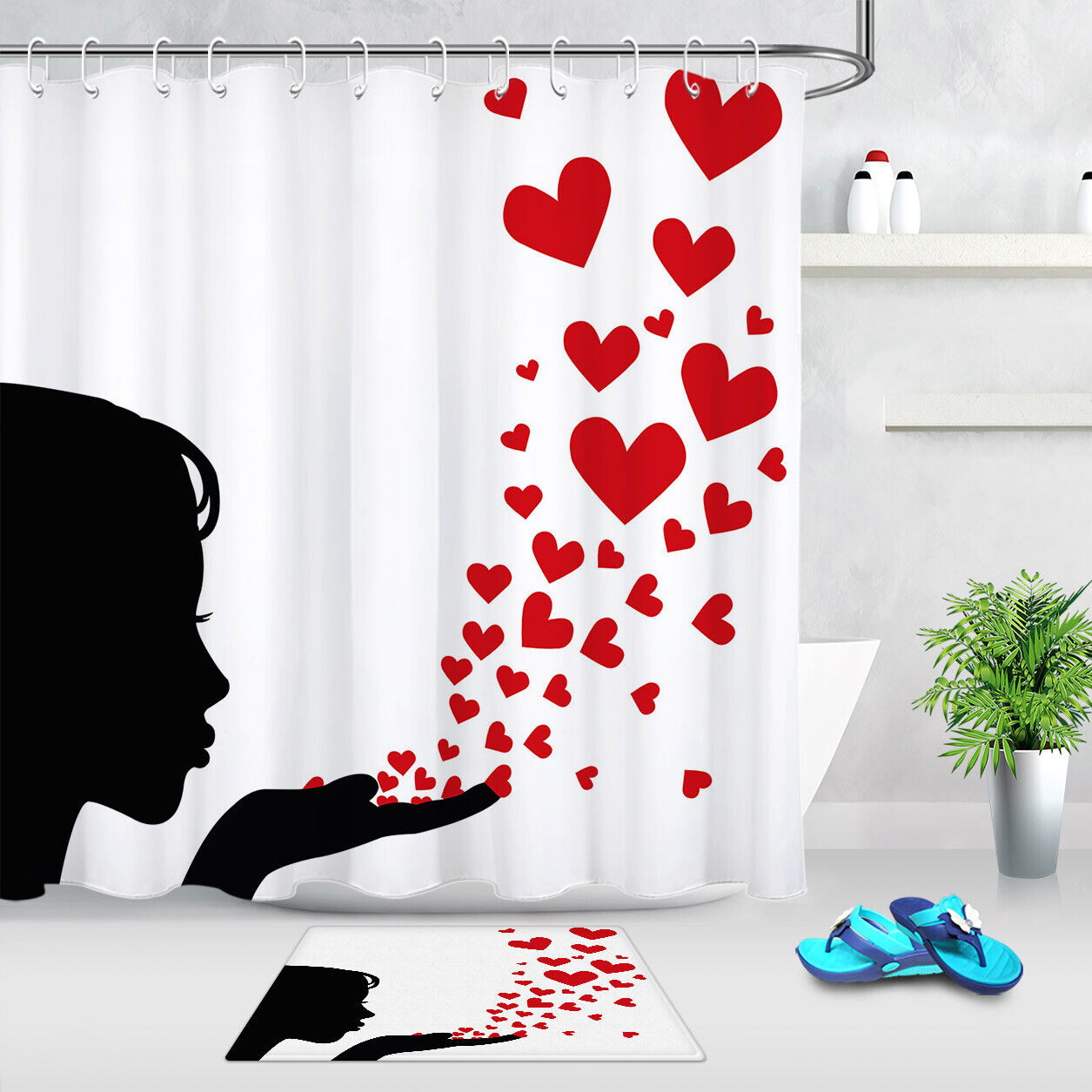 Young Lady Girl Red Hearts Valentine's Day Shower Curtain for Bathroom Decor