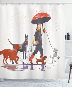 Young Modern Girl And Dog Walking In The Rain Fun Joyful Times Printed Shower Curtain - Cloth Fabric Bathroom Decors