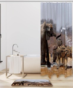 Zebra And Elephant Print Bathroom Curtain, Waterproof Shower Accessory