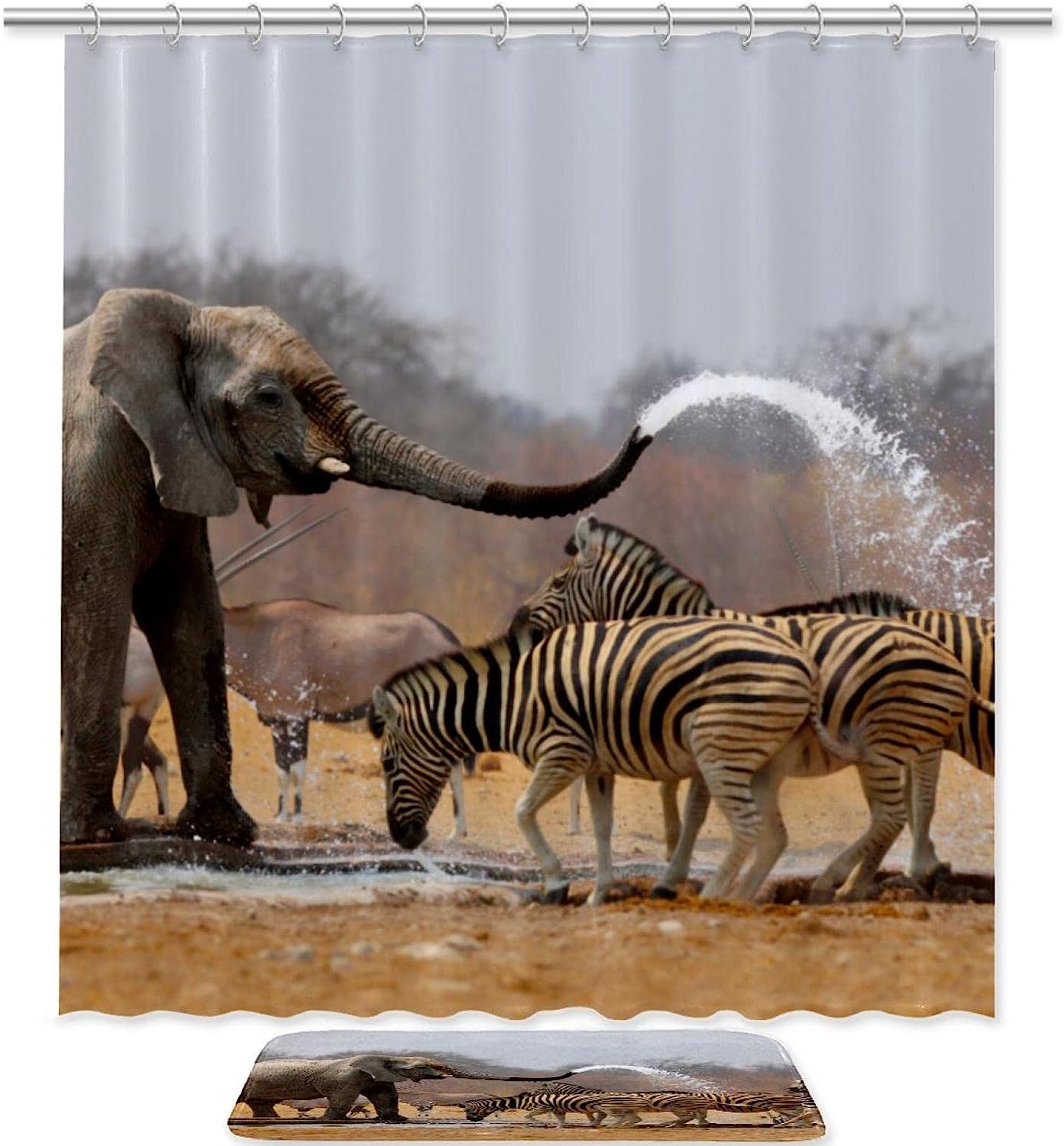 Zebra And Elephant Waterproof Shower Curtain, Colorful Bathroom Decoration