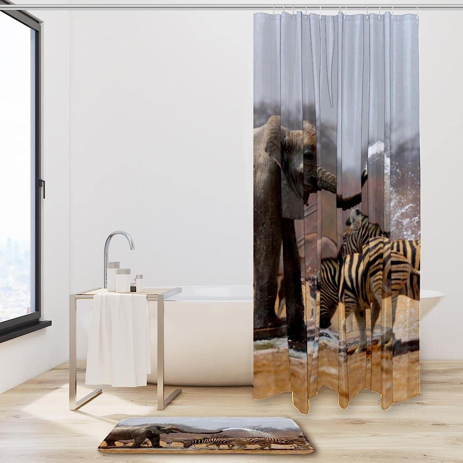 Zebra And Elephant Waterproof Shower Curtain, Colorful Bathroom Decoration